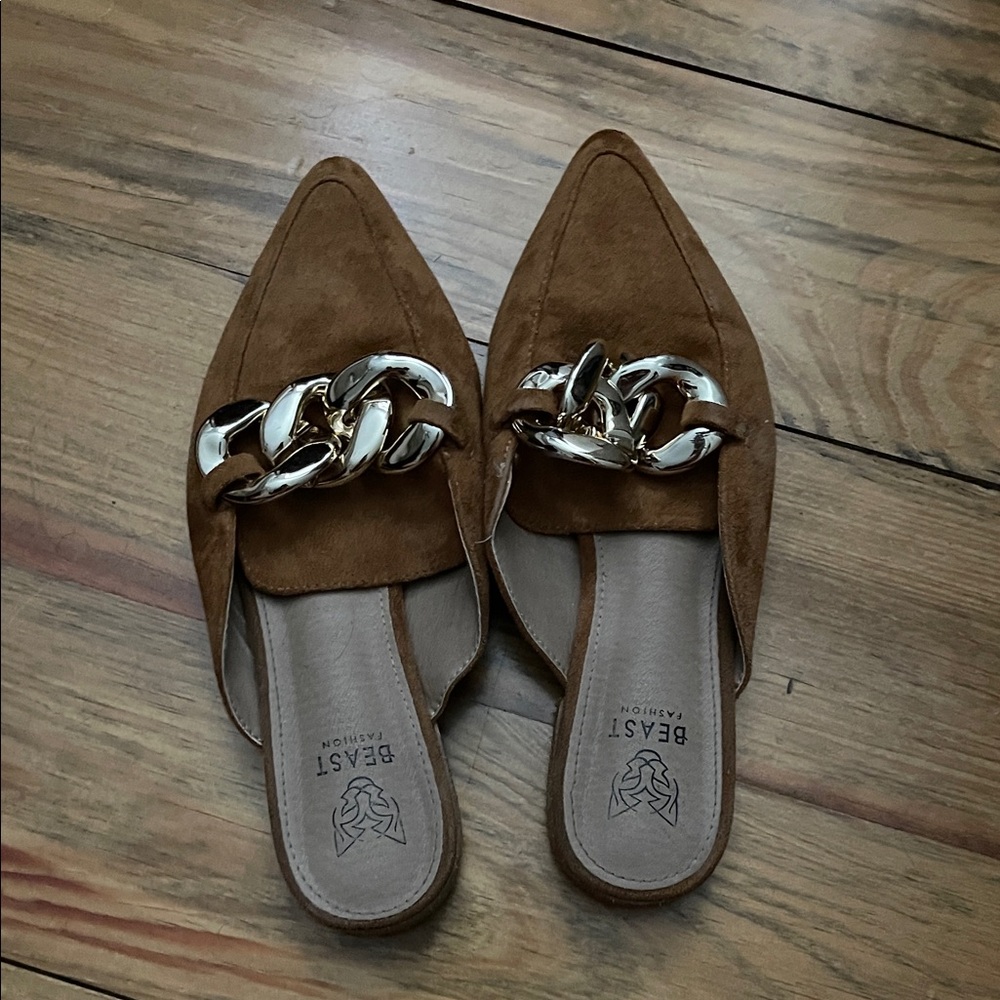 BEAST FASHION Tan Mules with Silver Chain Accent